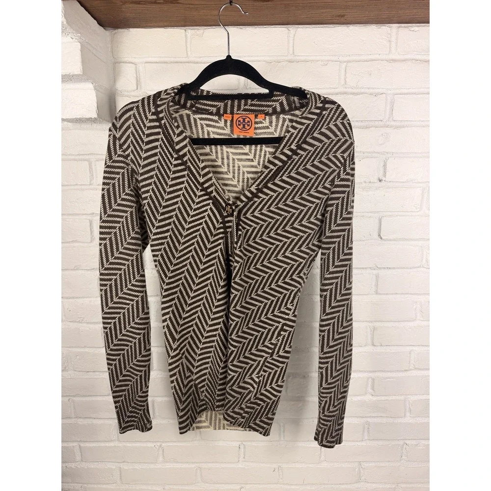 Tory Burch Chevron Knit Cardigan Sweater Brown Ivory Zip Logo Size Small